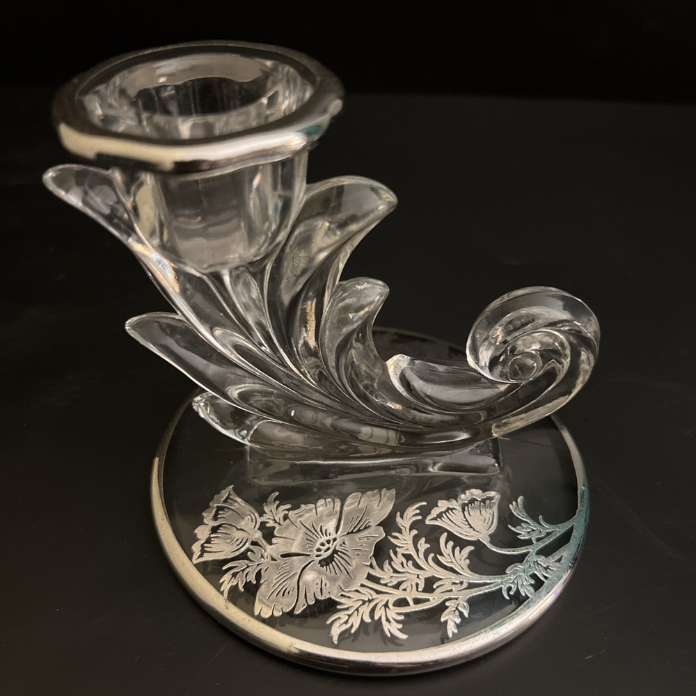 Vintage Fostoria Baroque Crystal Candle Holder Flanders Poppy Silver Overlay
